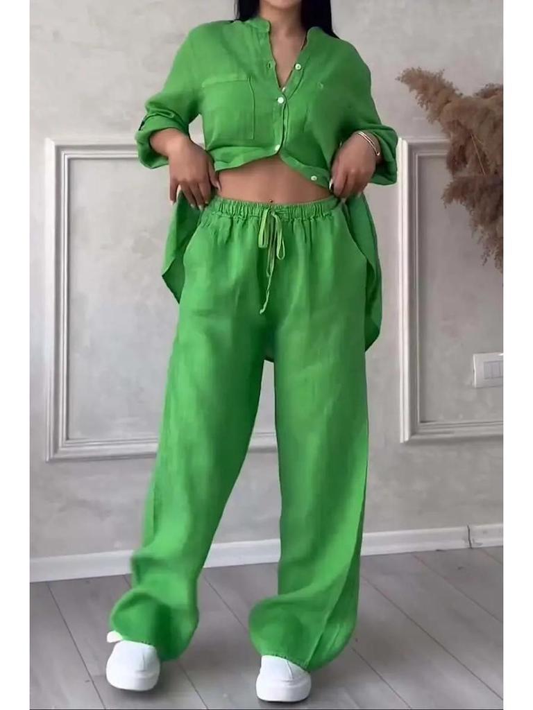 Casual Cotton Linen Solid Color Shirt & Drawstring Wide Leg Pants Set