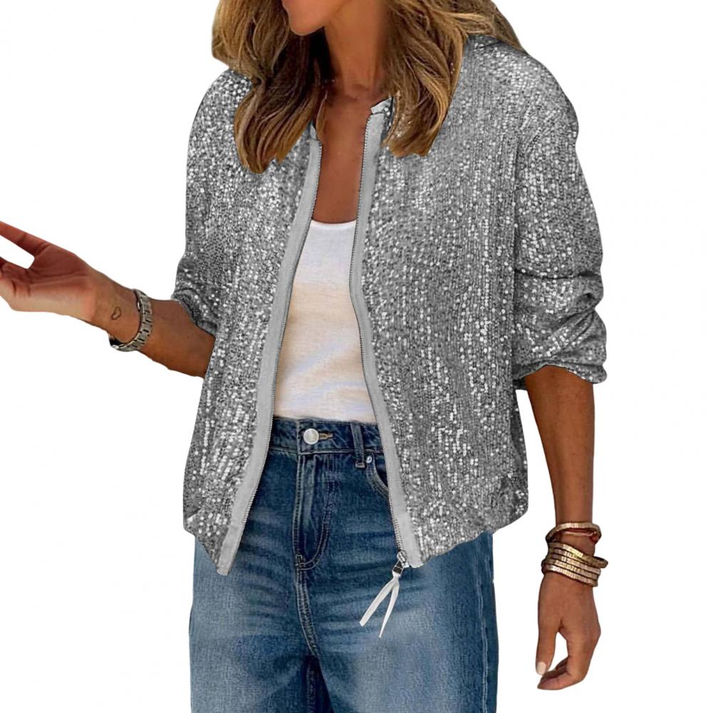 

Женское пальто с блестками, круглым вырезом, застежкой-молнией, длинными рукавами, кардиганом, коротким, свободным, для клуба, выступлений, сценических вечеринок XXL серый