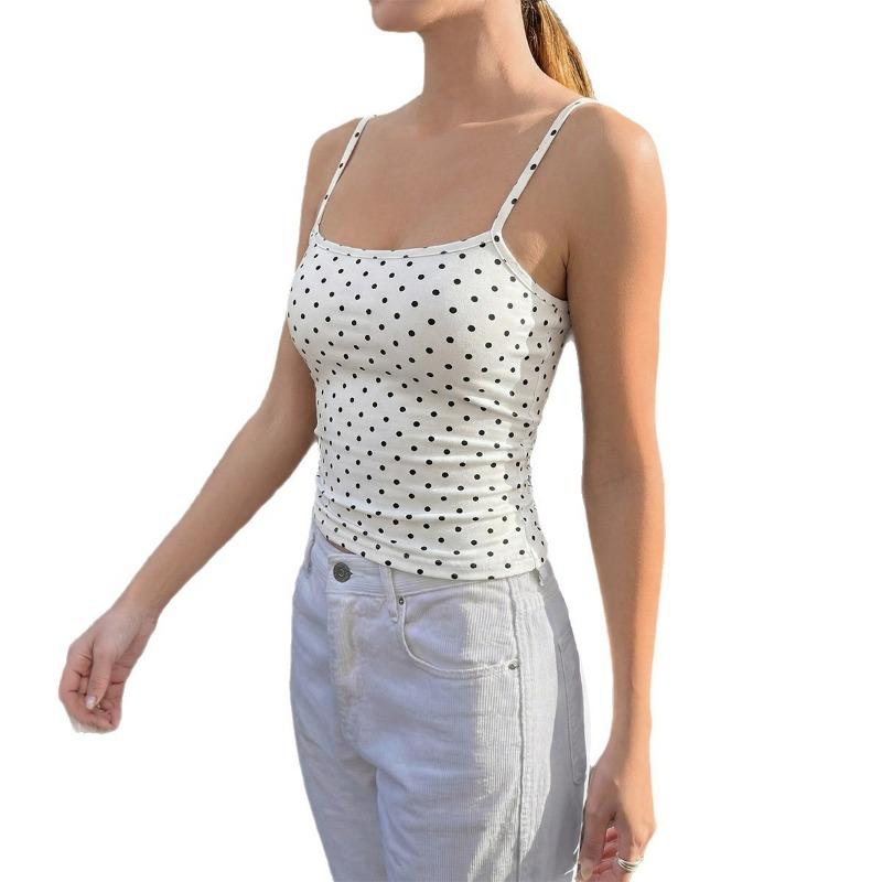 Women s Polka Dot Cami Top Scoop Neck Ruched Bodycon Spaghetti Strap Crop Top S белый