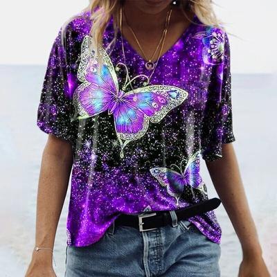 2023 Nueva moda de verano Camiseta de media manga para mujer Camiseta con cuello en V con estampado de mariposas Blusa holgada informal de talla grande XS-8XL