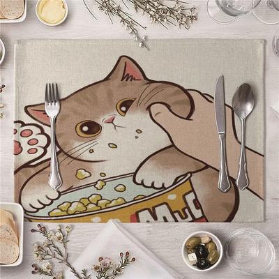 Cute Kiss Cat Pattern Kitchen Placemat Dining Table Mats Drink Coasters Western Pad Cotton Linen Cup Mat 45*32cm