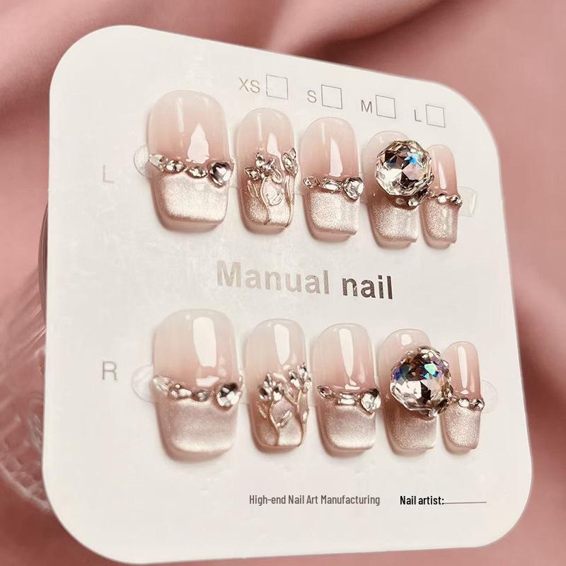 Exquisite Ice Plum Style and Blazing Peach Cat Eye Press-on Nails, Purely Handmade High-End. Medium