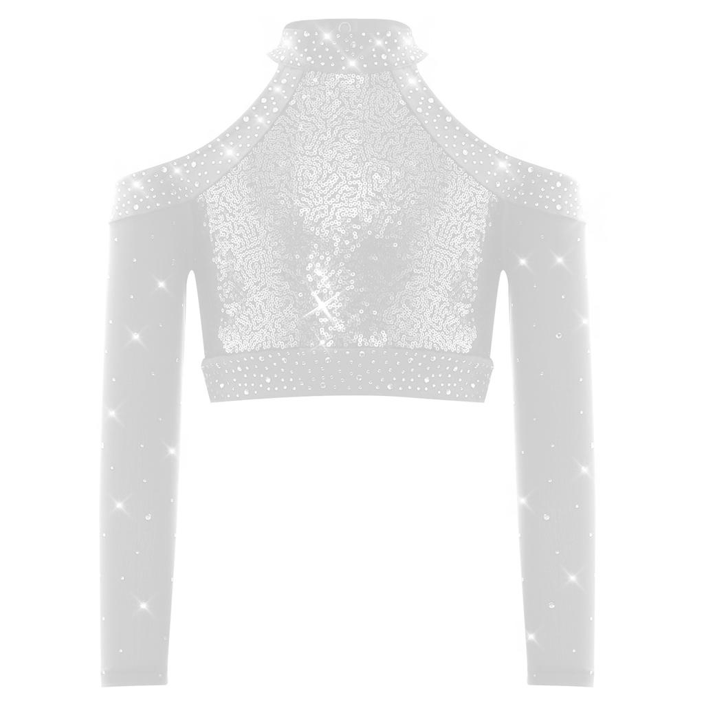 Girls Shiny Sequins Crop Top Long Sleeve Back Neck Press Buttons Closure Dance Shirt