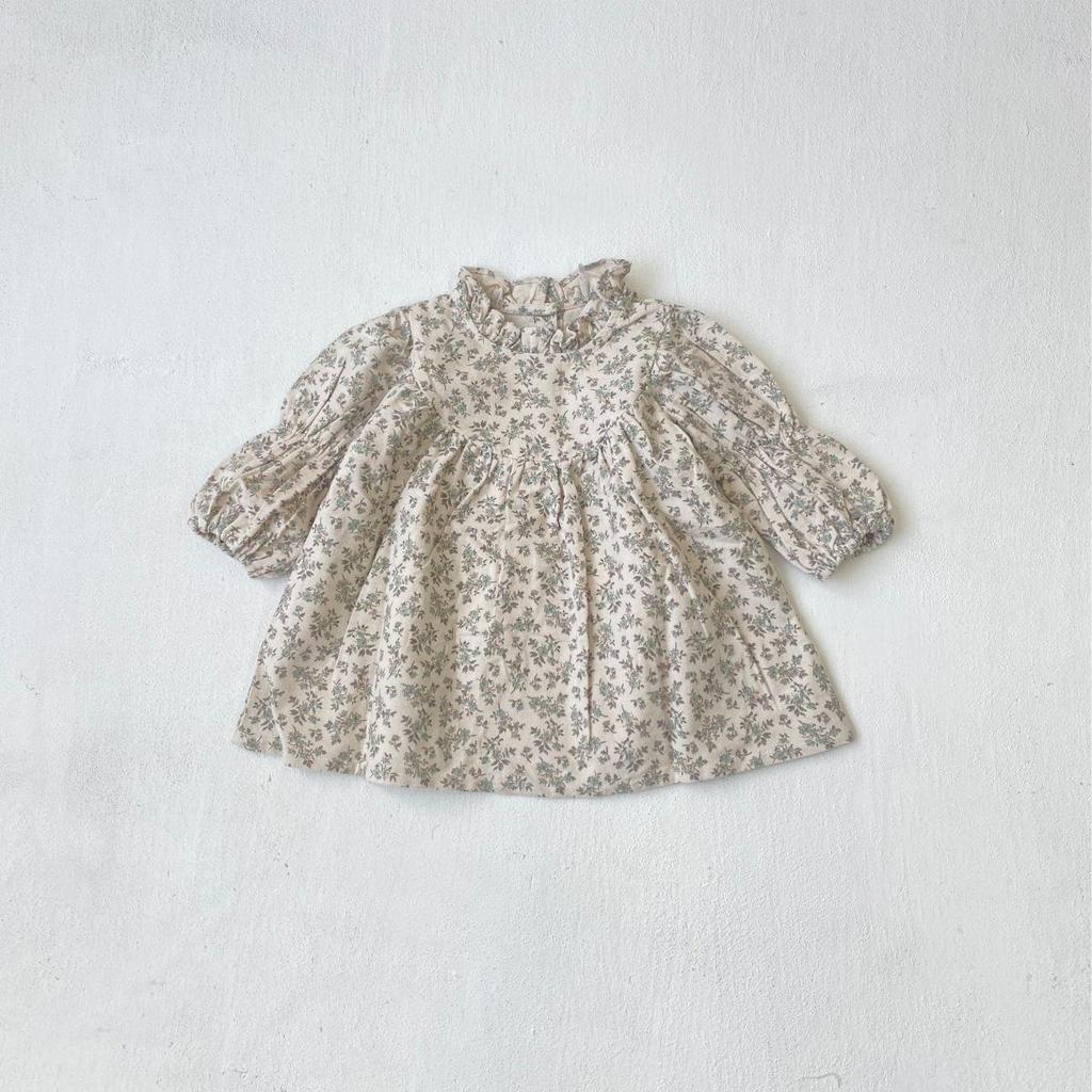Spring Baby Girl Retro Court Princess Floral Dress with Flower Bud Collar.
