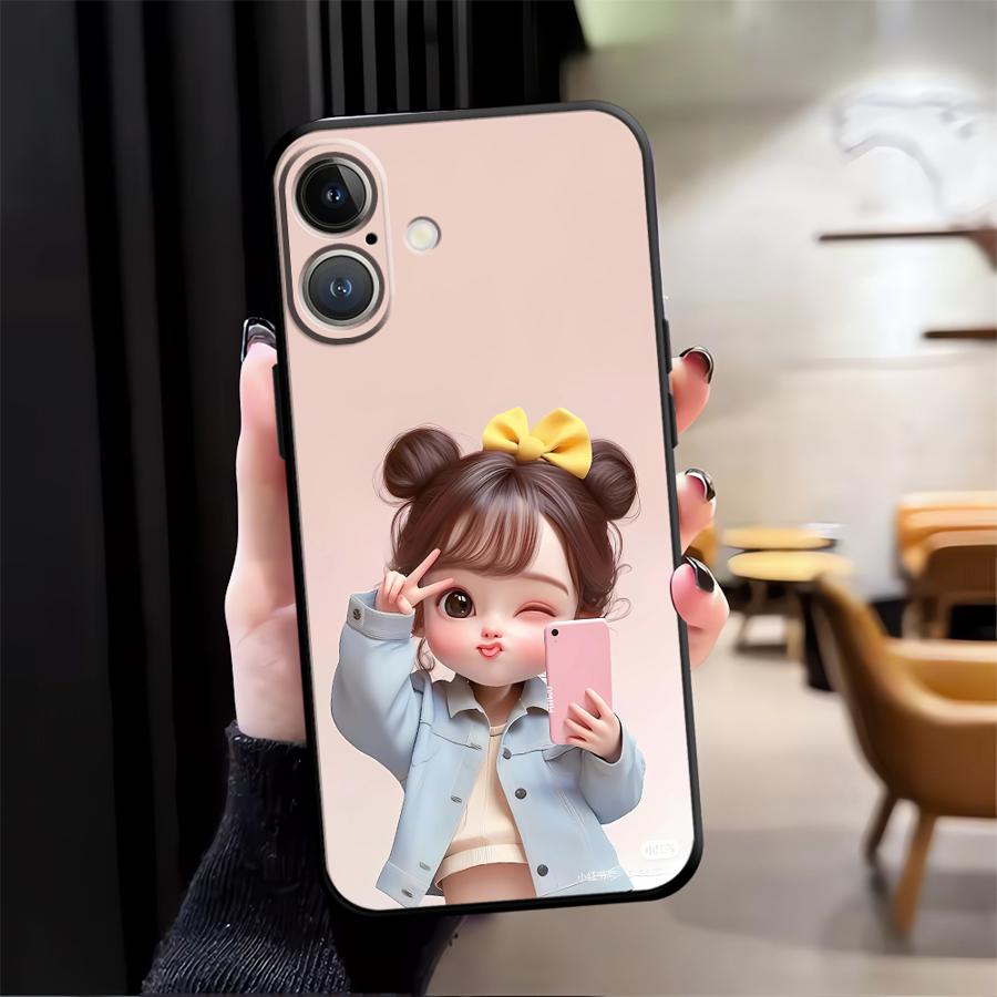 Cartoon Cute Girl Case for iPhone 7 8 15 16 14 Plus Air XS Max XR 13 12 11 17 Pro Max Black Soft Phone Cover