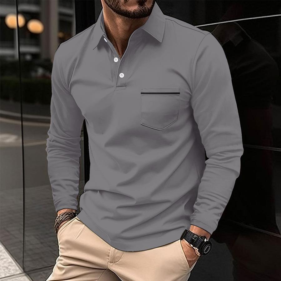 Vår Høst Mann Langermet POLO skjorte Lapel Lomme Sports Polo skjorter for menn