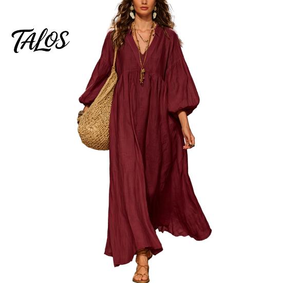 Polyester Dress Women Women's Deep V Neck Maxi Dress, Puff 3/4 Sleeve Retro Style A-Line Flowy Casual Loose Boho Beach Sundress Everyday Wear