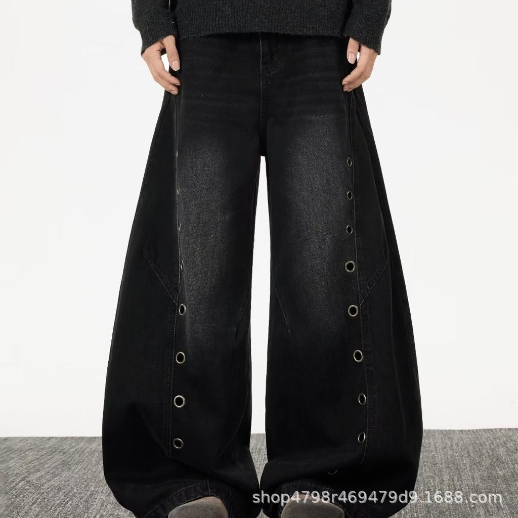 American design button scimitar jeans new loose straight drape thin casual pants black spot