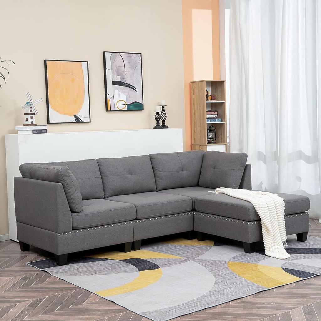 YODOLLA 225cm L-Shaped Corner Sofa, 3-4 Seater Sectional with Footstool for Living Room, Grey
