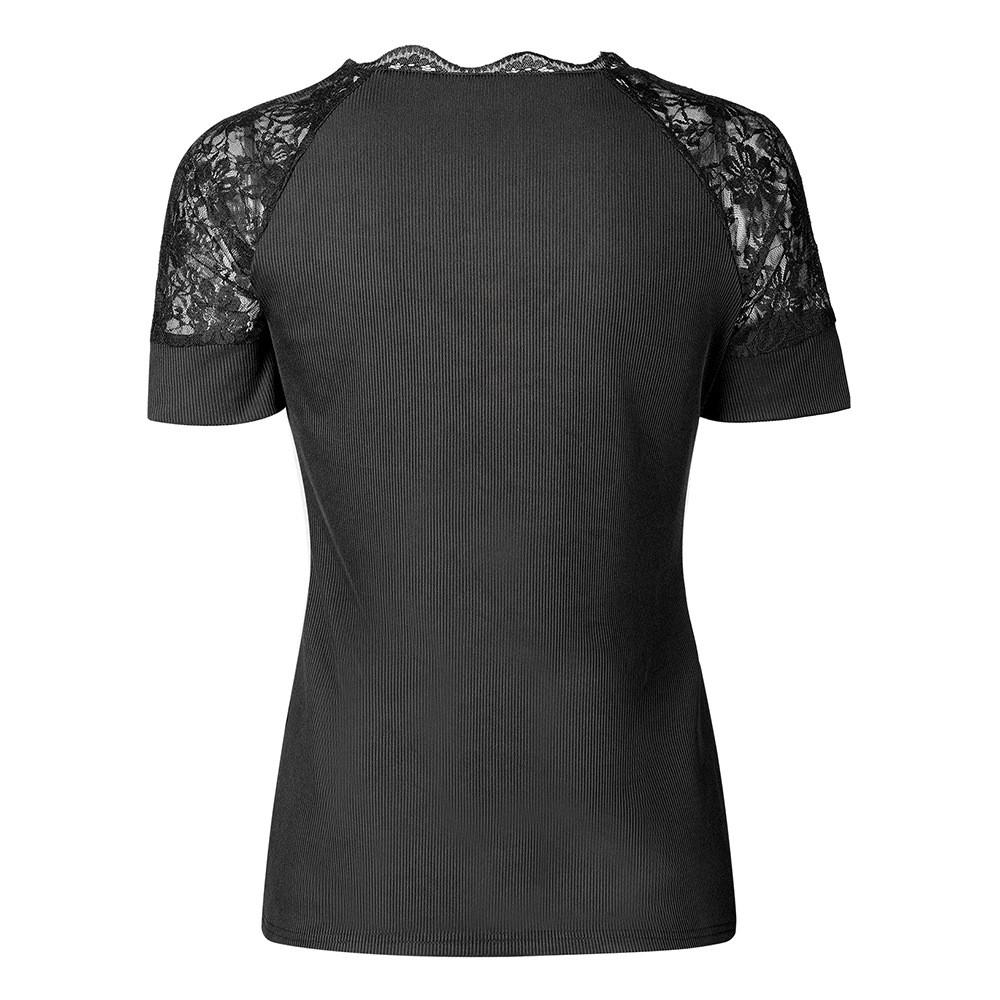 Dámské sexy tričko s hlubokým V-krajkovým límcem a krajkovým krátkým rukávem, slim fit top