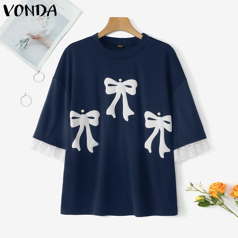 

VONDA Летние женские повседневные футболки с коротким рукавом и принтом банта с круглым вырезом, топы 5XL