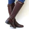 Damenstiefel aus Leder mit klobigem Absatz, lange Stiefeletten, kniehohe Stiefel für Damen, Winterschuhe, Schlabberstiefel für Damen, breite Wade