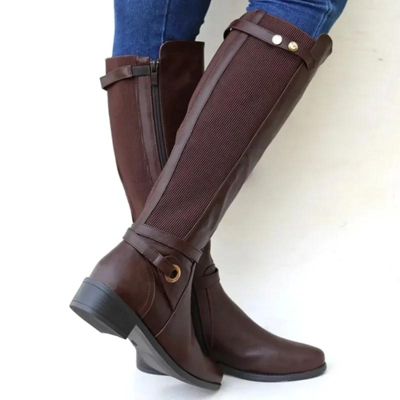 Damenstiefel aus Leder mit klobigem Absatz, lange Stiefeletten, kniehohe Stiefel für Damen, Winterschuhe, Schlabberstiefel für Damen, breite Wade
