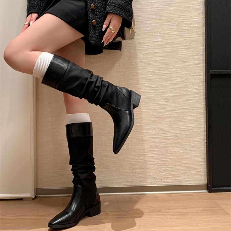 Winter Pleated Pointed Toe Woman Knee-High Boots Designer Splicing Thick Heels Long Booties Shoes