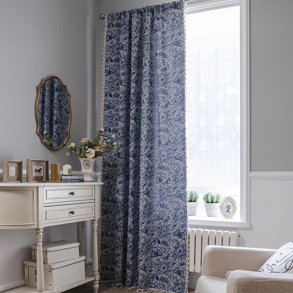Imanqi Yun Blue Butterfly Jacquard Tassel Semi-Blackout Curtains for Kitchen or Bay Window