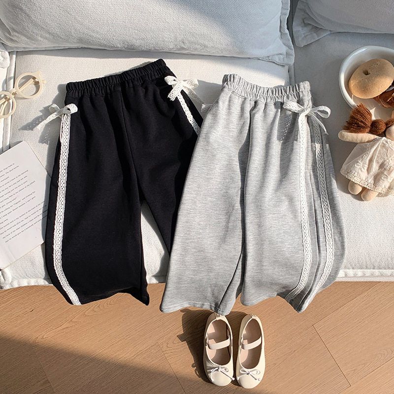 Girls' Pants 2025 Spring and Autumn Korean Style Casual Sports Pants Comfortable Sweatpants with Lace and Bow Stylish