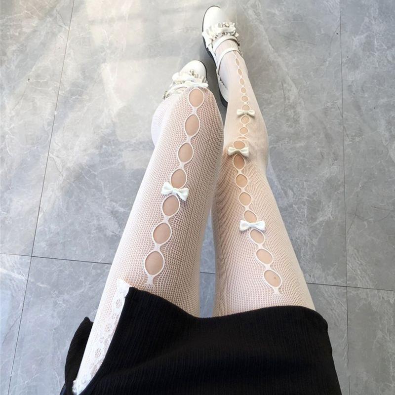 Japanese Sweet Lolita Tights Women Kawaii White Bow Panty Socks Female JK Style Black Sexy Fishnets Stockings Thigh High Socks