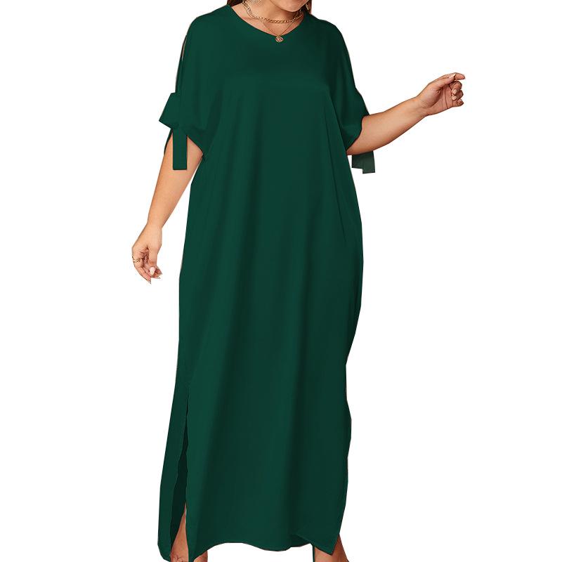 Plus Size Middle Eastern Women's Solid Color Round Neck Bow Slit Long Dress - Loose, Elegant, and Comfortable