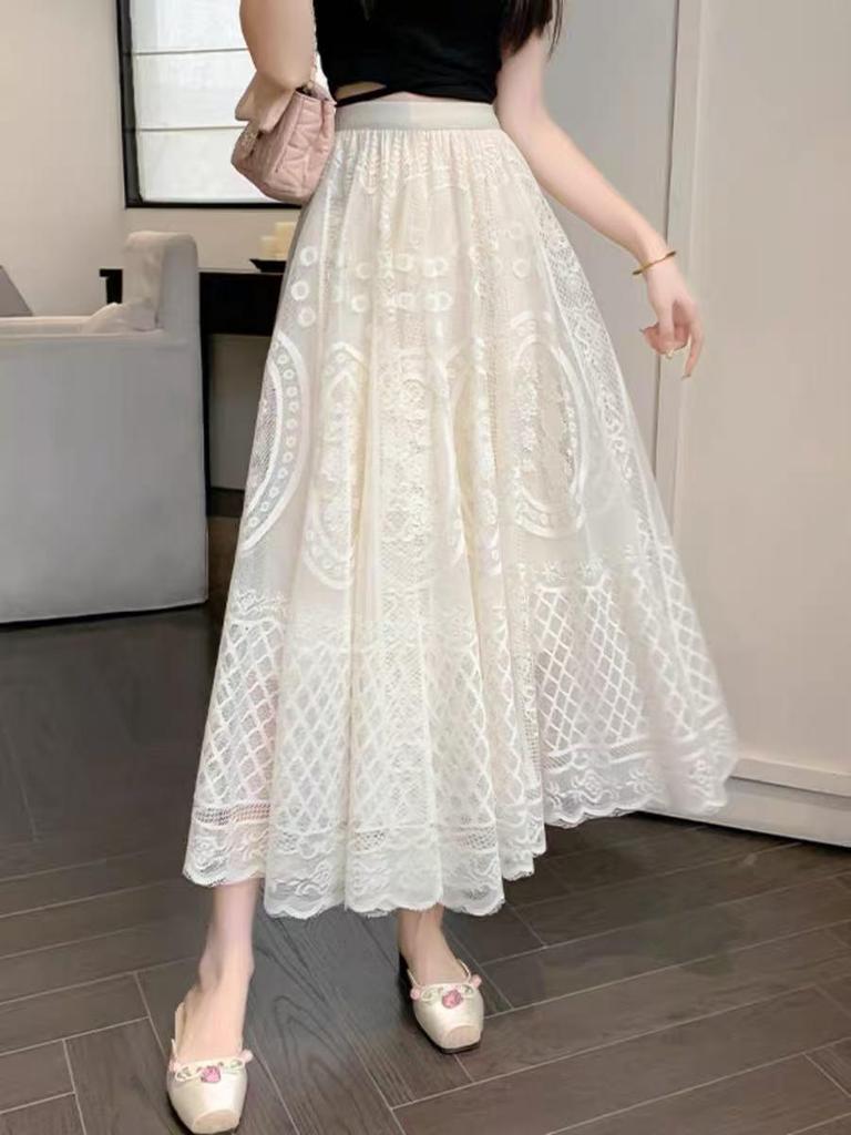 Women's Summer High-Waist Lace Mesh A-line Skirt