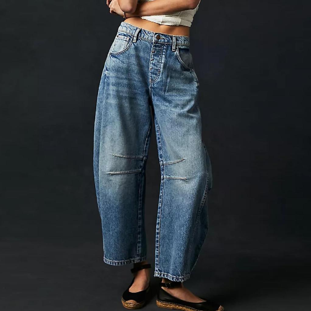 Women Baggy Mid Waist Jeans Wide Leg Loose Boyfriend Denim Pants Straight Leg Cropped Barrel Jeans