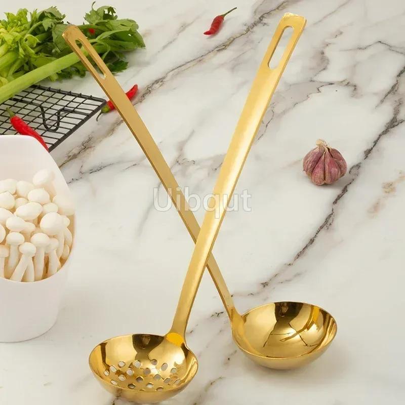 Leaky Stainless Steel Gold Plated Spoon Thickened Household Commercial Spoon Hot Pot Restaurant Ladle Cooking Soup Spoons
