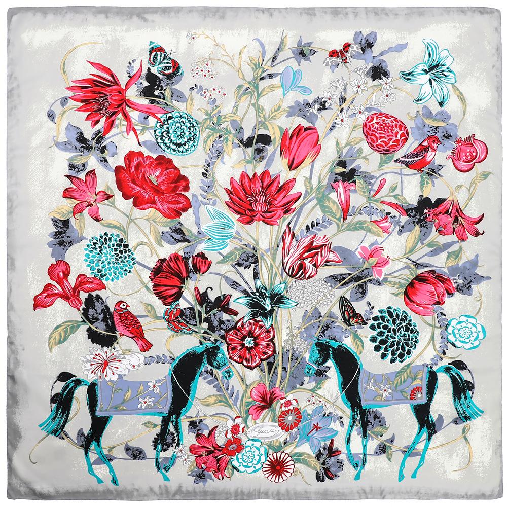 

130cm*130cm Luxury Brand Twill Hijab Large Square Scarves Floral Horse Print Twill Shawls Bandana Silk Scarf For Women Headband 130x130cm