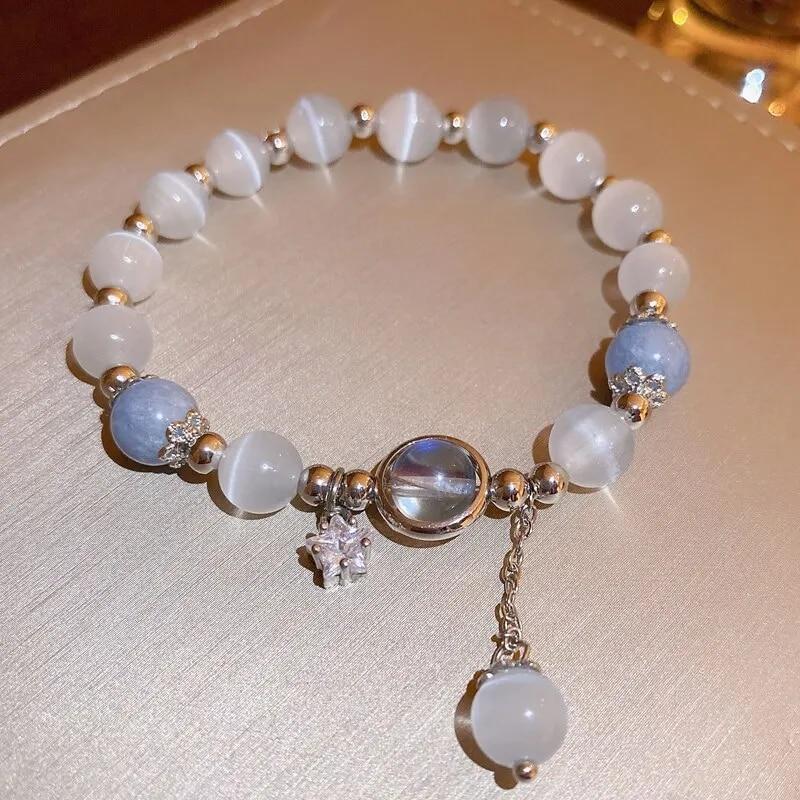 Pulseira de pedra opala azul roxa para mulheres e meninas, pulseiras de cristal brilhantes, pingente de lua e estrela, pulseiras, joias