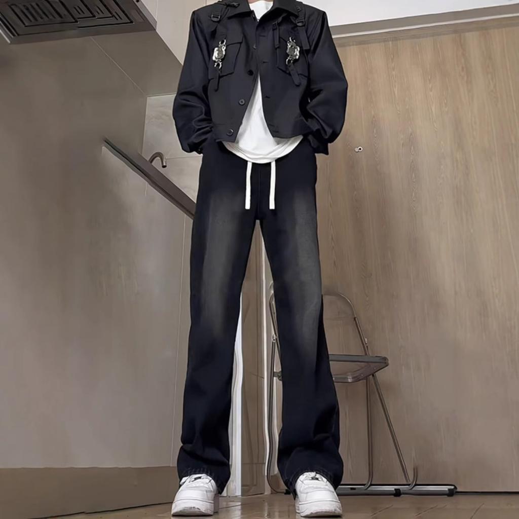 Fleece Straight-leg Loose Jeans Men's Autumn Trendy Brand Versatile Casual Wide-leg Hong Kong Style Mopping Long Pants