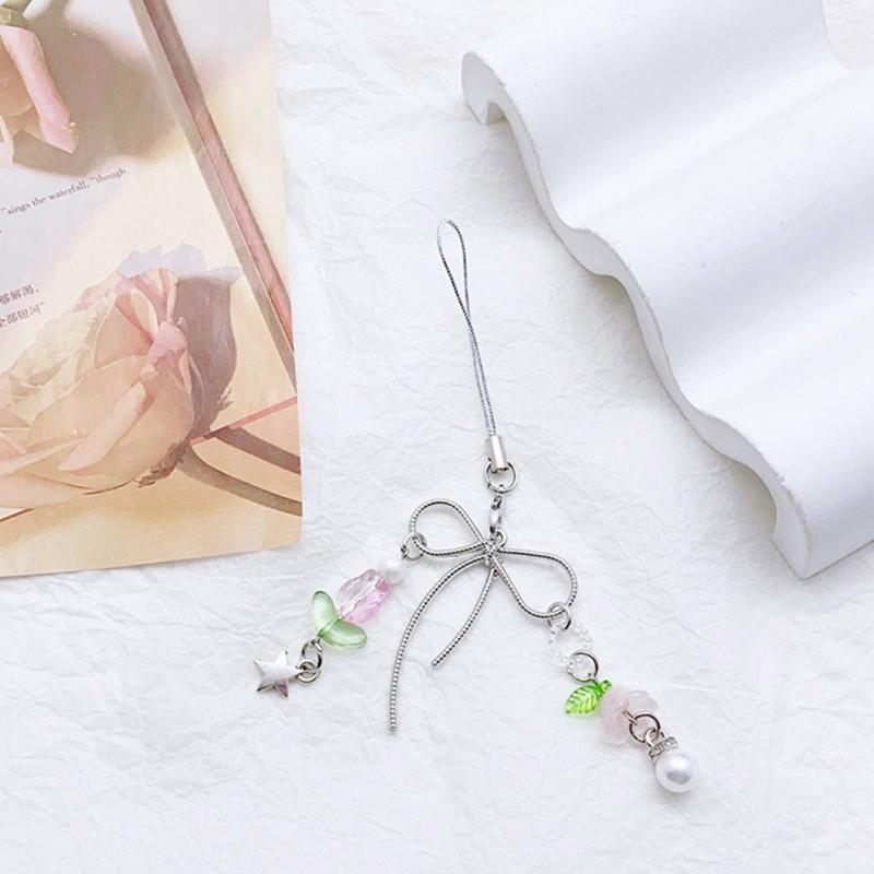 Lovely Beaded Bowknot Phone Strap Charm Pendant with Star Accents Sturdy Handbag Adornment Craft Supplies for Girls