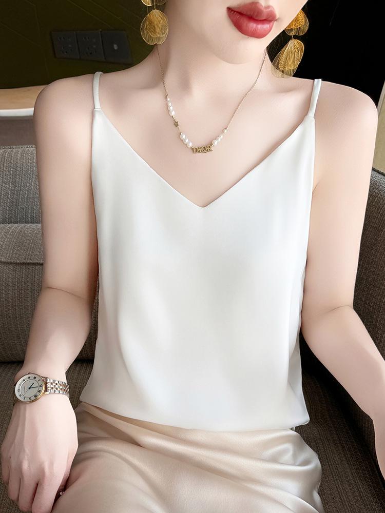 Women's Versatile Summer V-Neck Pearl Strap Satin Tank Top