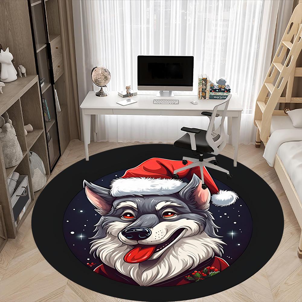 1PC Christmas Wolf Office Round Area Rug, Mat Suitable ForOffice, Under Office Chairs Bedroom Living Room Home Decor, Room Deco