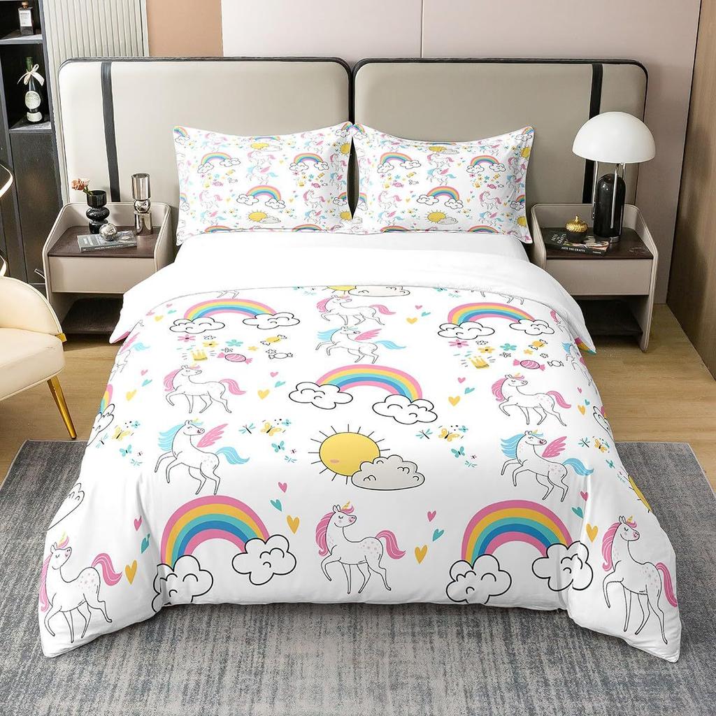 Dreamy Unicorn Duvet Cover Set Queen Size3 Pcs Rainbow Starry Sky Bedding Sets Pink Blue Unicorn Comforter Cover Set For Kids