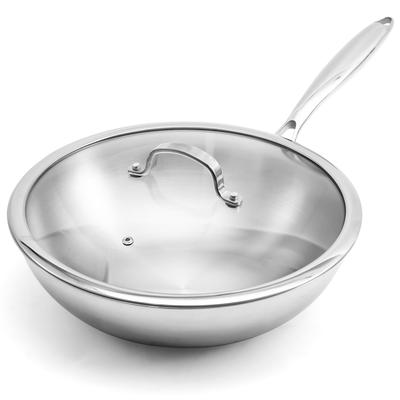 WANGYUANJI Stainless Steel Frying Pan, 30cm Deep, Wok, with Glass Lid, Induction Cooktop Compatible, Gas Stove Compatible, Dishwasher Safe