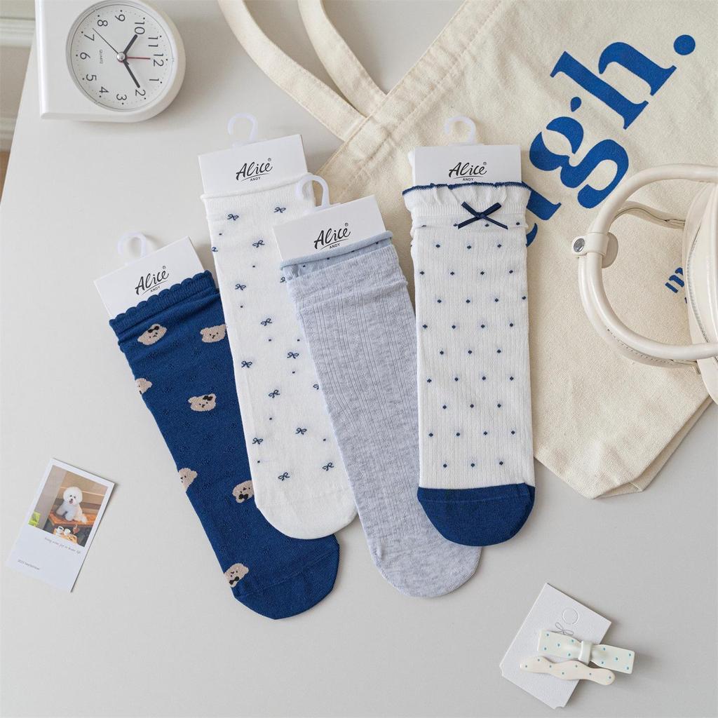 Women's Japanese-Style Blue & White Loose Socks: Spring/Summer Thin Mid-Calf with Cartoon Bear, Polka Dot & Bow Design