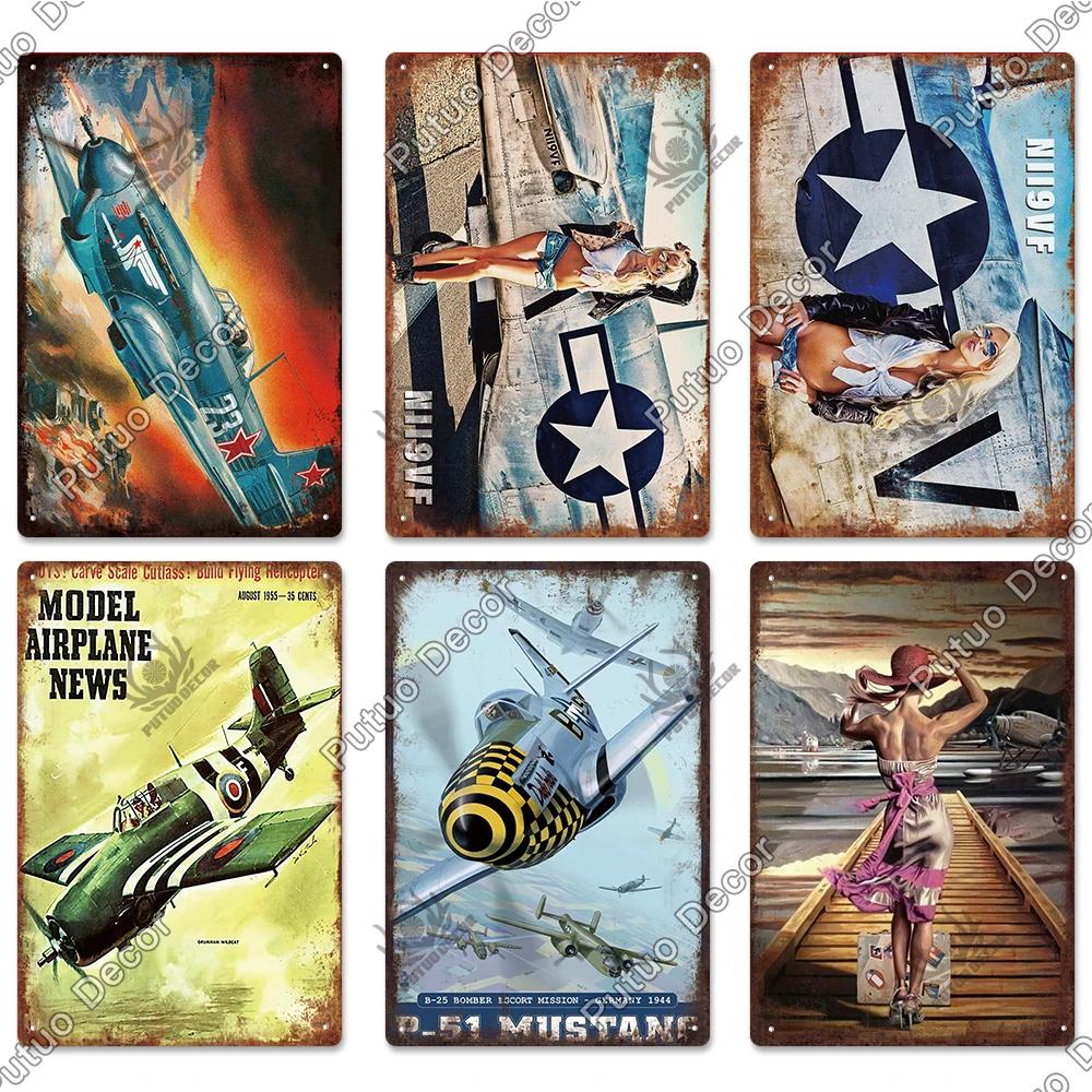 Putuo Decor Fighter Plane Vintage Tin Sign Plaque Metal Plate Retro Posters Wall Art Decoration for Garage Man Cave Pub Bar Club