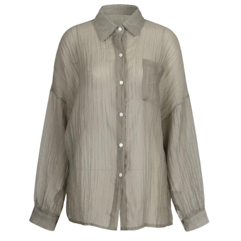 Shop   Women Collar Neck Sheer Loose Fit Long Sleeve Blouse Shirt Siu Wbl 21357 