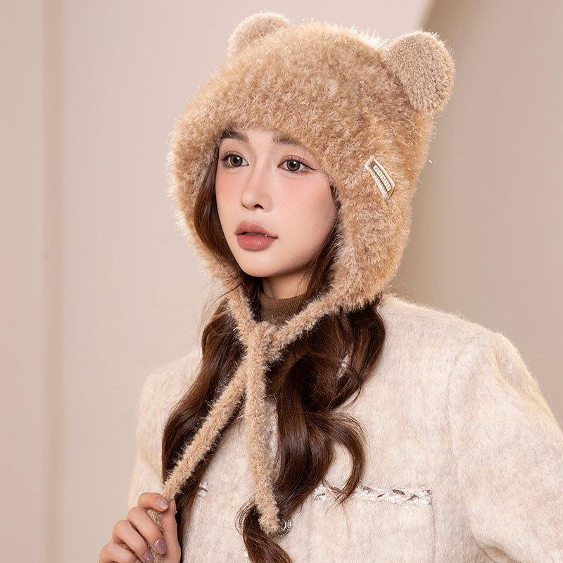 Cute bear fleece warm knitted ear hat women winter thickened cycling skiing plush pullover tide