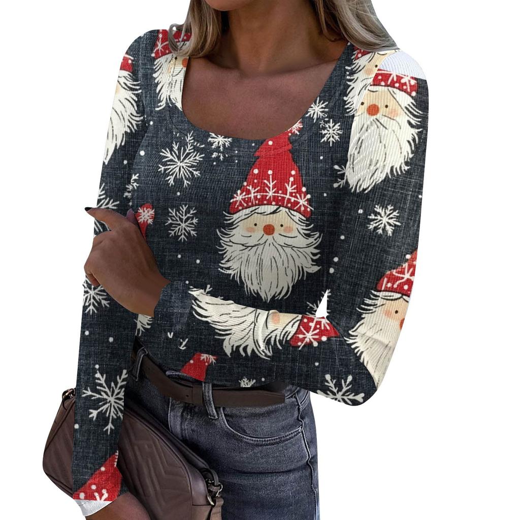 Damenmode Slim Bottom Casual Langarm Weihnachten bedruckt Pullover U-Ausschnitt Top