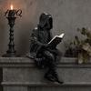 Dark Eye-catching Figurine Gothic Fantasy Reading Figurine Mystery Hooded Figure Sculpture Compact Statue Resin Sitting Grim Reaper for Bookshelf,