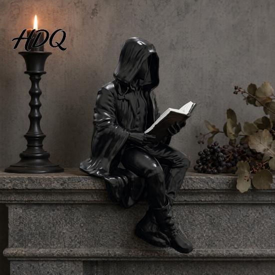 Dark Eye-catching Figurine Gothic Fantasy Reading Figurine Mystery Hooded Figure Sculpture Compact Statue Resin Sitting Grim Reaper for Bookshelf,
