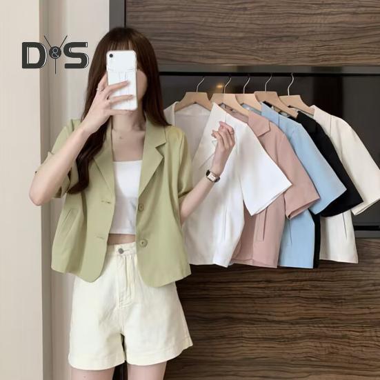 Dámské sako s klopami, krátkým rukávem a volným střihem, s kapsami, jednobarevné, volného střihu, letní business kabát