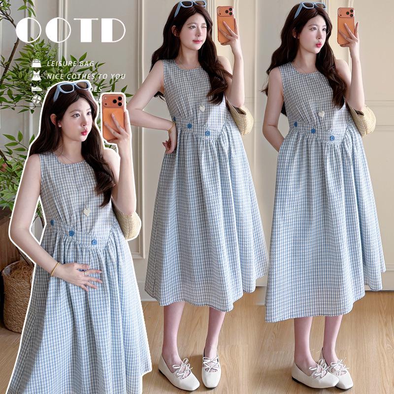 2026 Summer Plaid Sleeveless Maternity Patchwork Maxi Dress X-Large