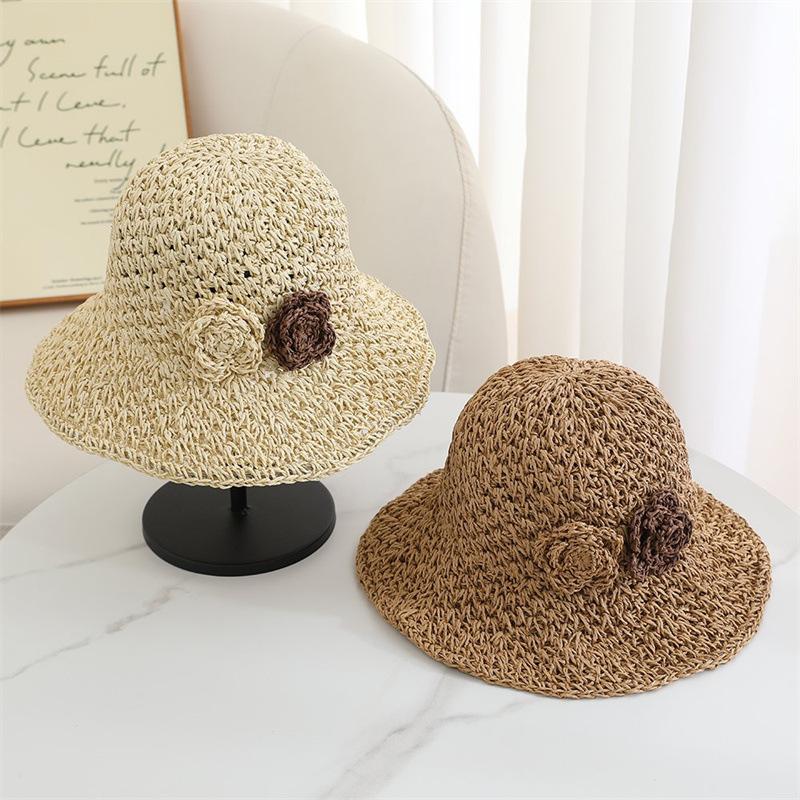 Summer Hand Crochet Beach Bucket Hat For Women Wide Brim With Flower Foldable Girls Outdoor Breathable Sunscreen Cap Party Gift
