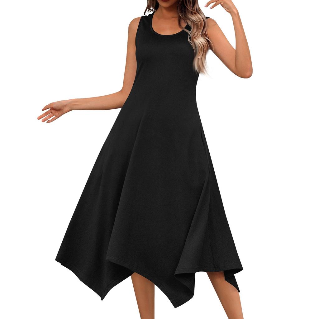 Women's Casual Fashion Round Neck Sleeveless Irregular Hem Midi Dress