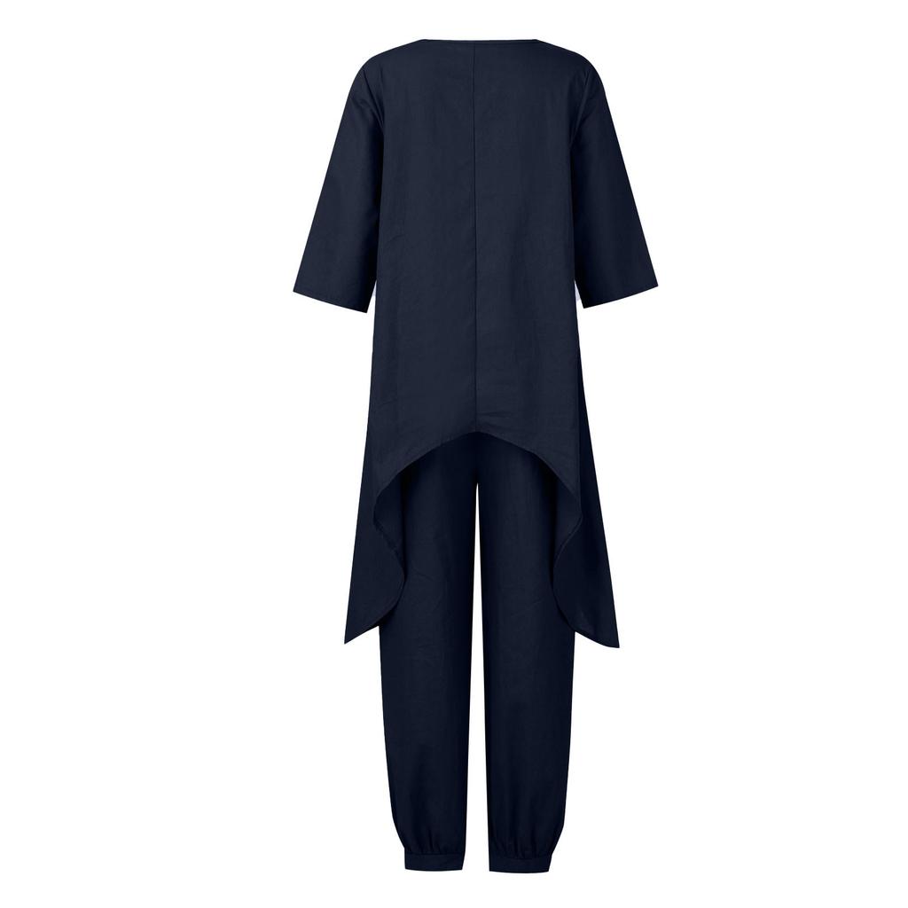 Women's Linen Two-Piece Suit Linen Suit Trousers And Three Quarten Sleeve Irregular Hem Shirts Casual Trouser Suit Round Neck Linen Blouse Loose Linen