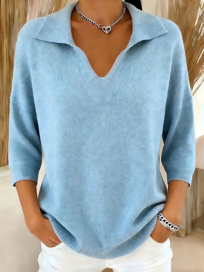 European & American Loose V-Neck Lapel Knit Sweater - Women's Solid Color Pullover for Spring and Autumn