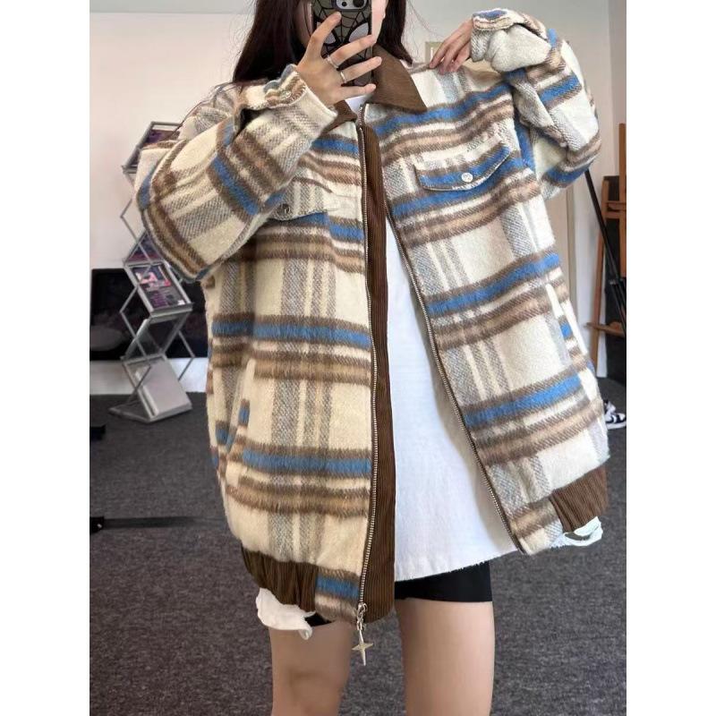 

Шерстяное пальто в клетку Женское осенне-зимнее новое свободное парное повседневное универсальное куртка-топ XXL