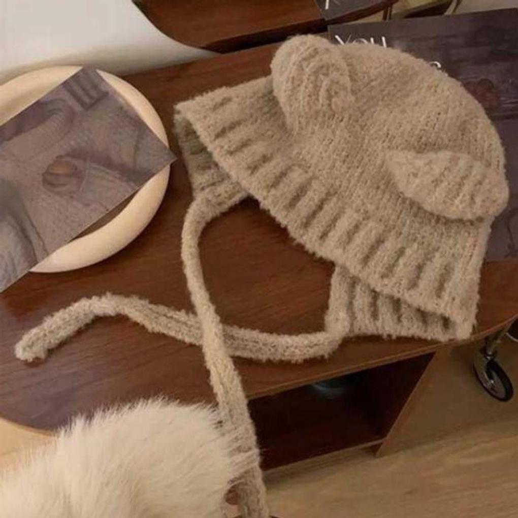 

Knit Hoodie Bear Balaclava Hooded Hat Oatmeal
