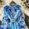 Spring Autumn Women Vintage Print Runway Dresses Stand Full Sleeve Single Breasted Long Maxi Holiday Party Dress With Belt