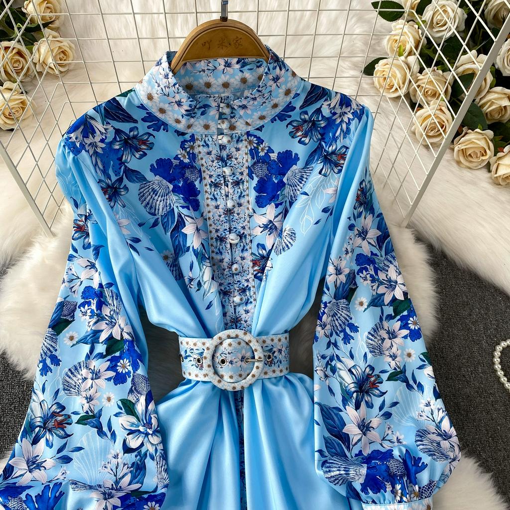 Spring Autumn Women Vintage Print Runway Dresses Stand Full Sleeve Single Breasted Long Maxi Holiday Party Dress With Belt